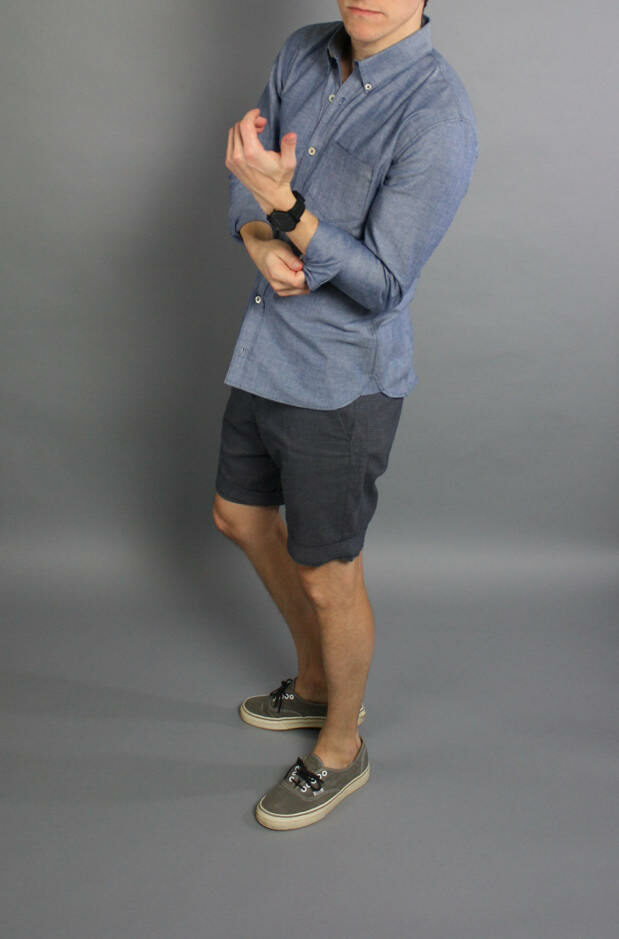 Chambray shirt grey shorts