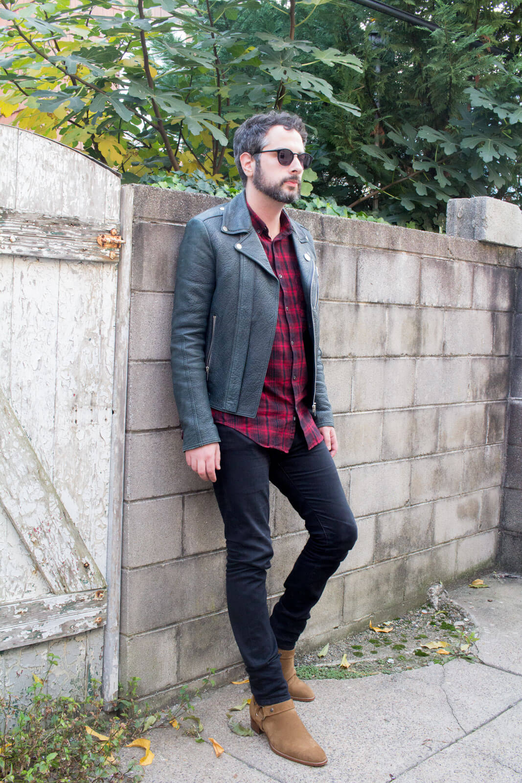 Flannel Shirt with a Leather Jacket