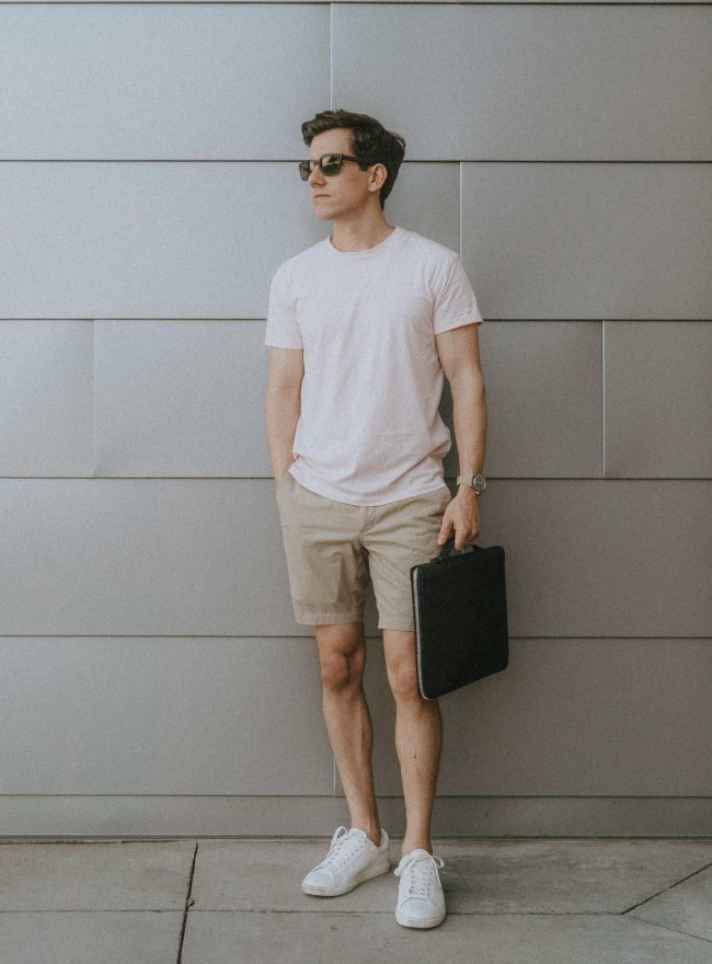 Pink t-shirt khaki shorts