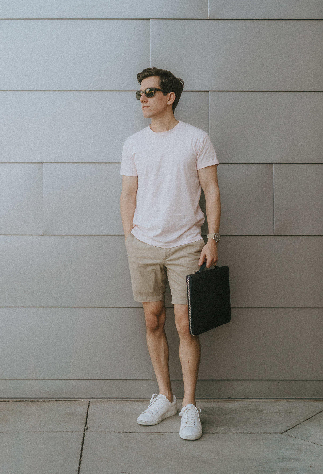 Pink t-shirt khaki shorts