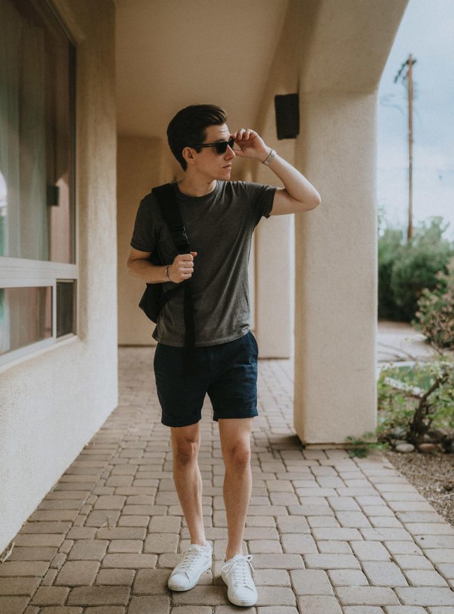 White sneakers, shorts and t-shirt