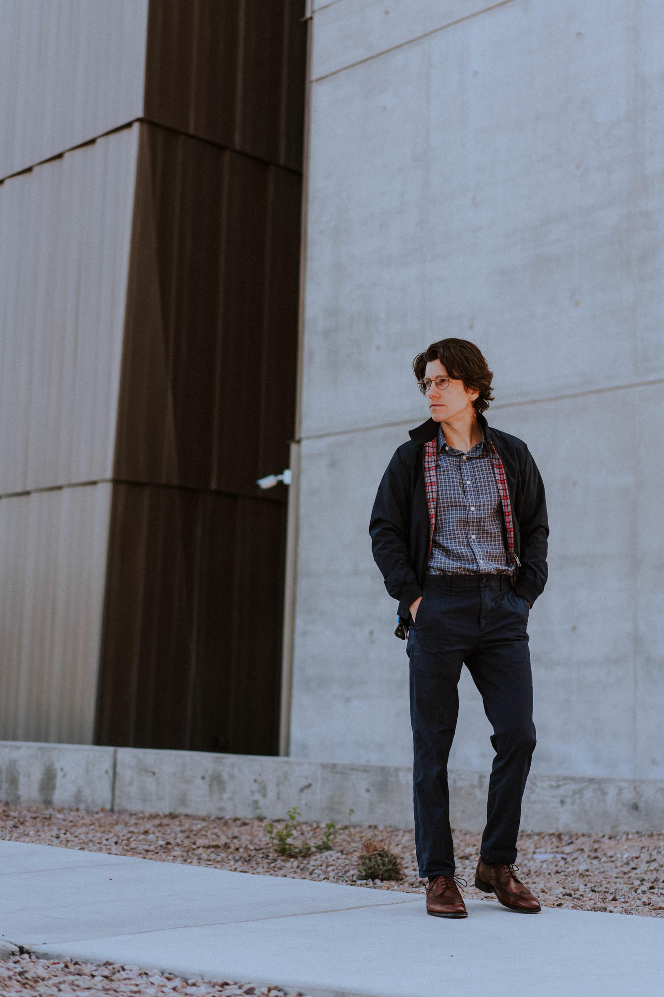 Navy Harrington jacket with chinos