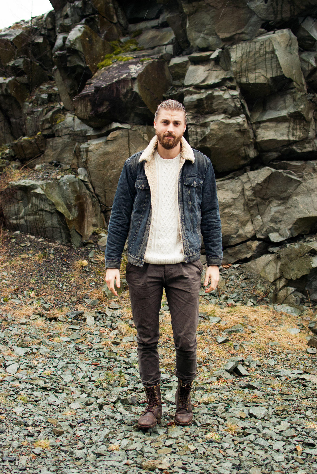 man wearing brown chinos and denim jacket