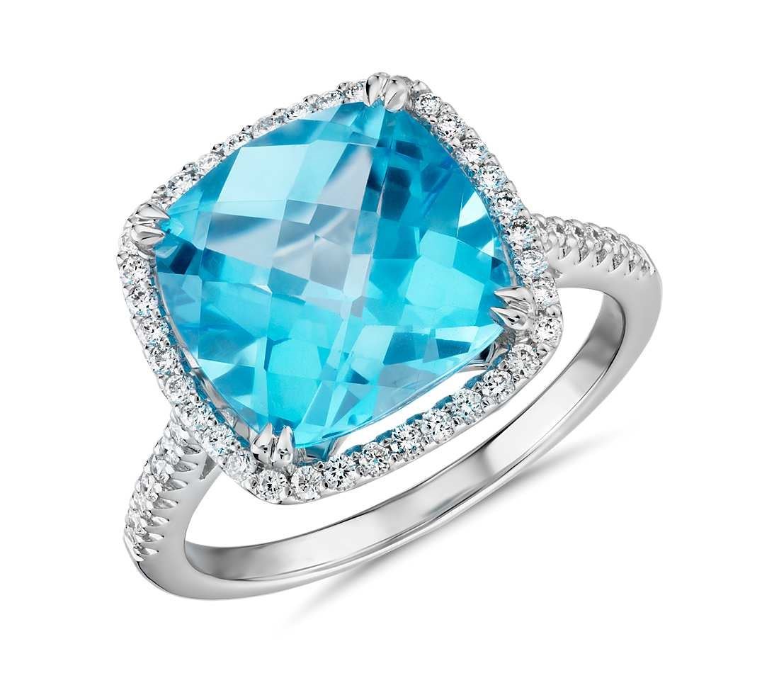 Blue Nile 14K White Gold Cushion Cut Swiss Blue Topaz Diamond Halo ring