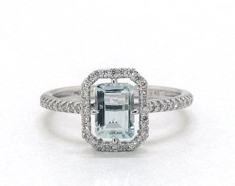 14K white gold aquamarine & diamond floating halo ring 