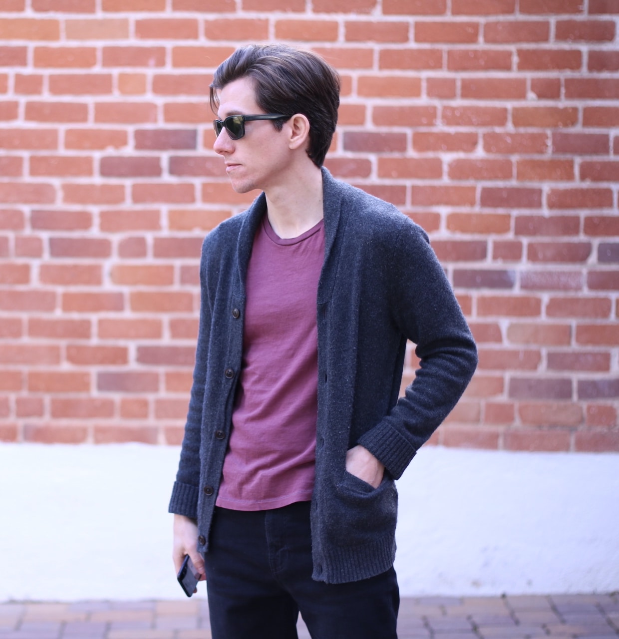 Grey cardigan burgundy t shirt