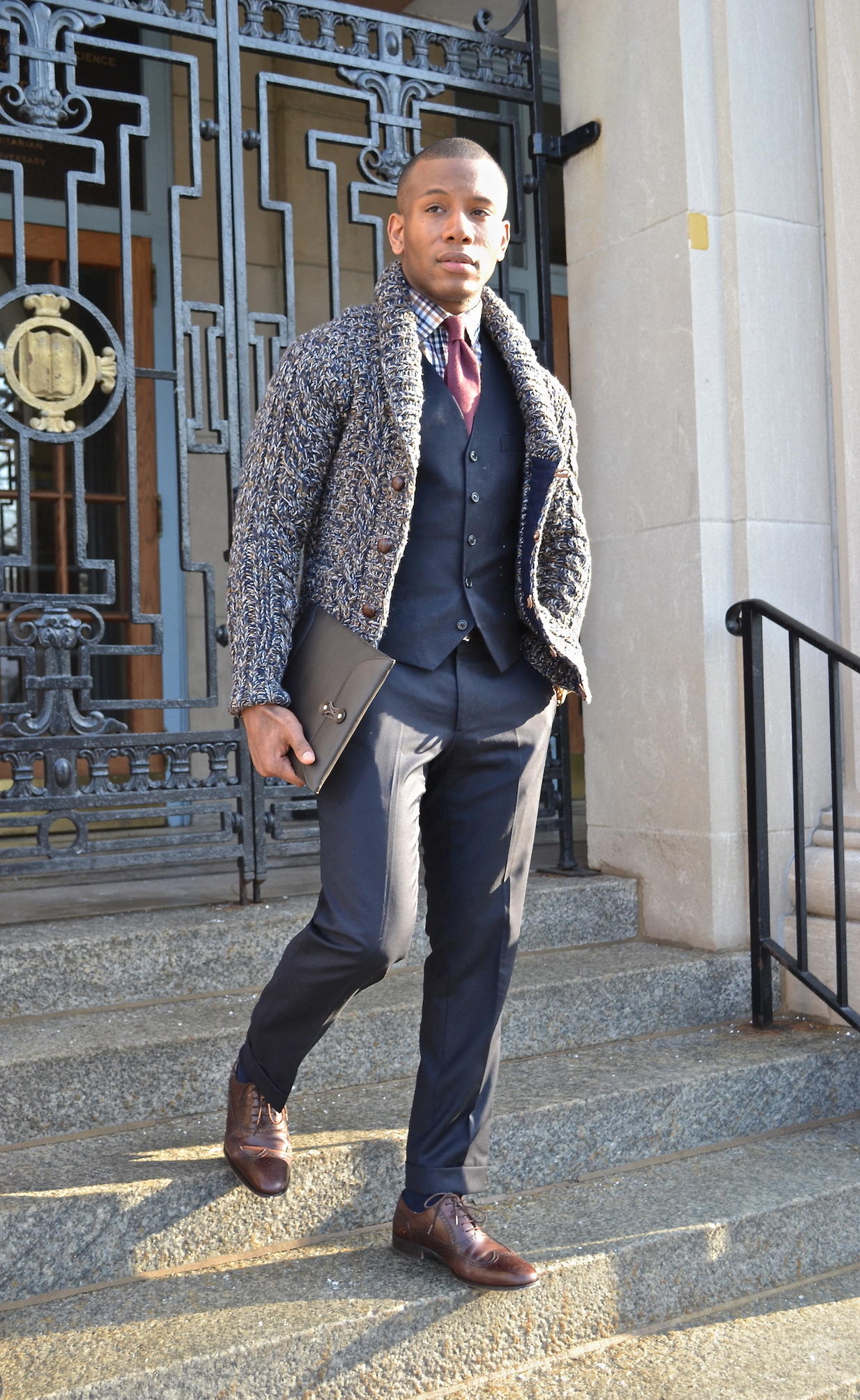 Shawl cardigan over suit