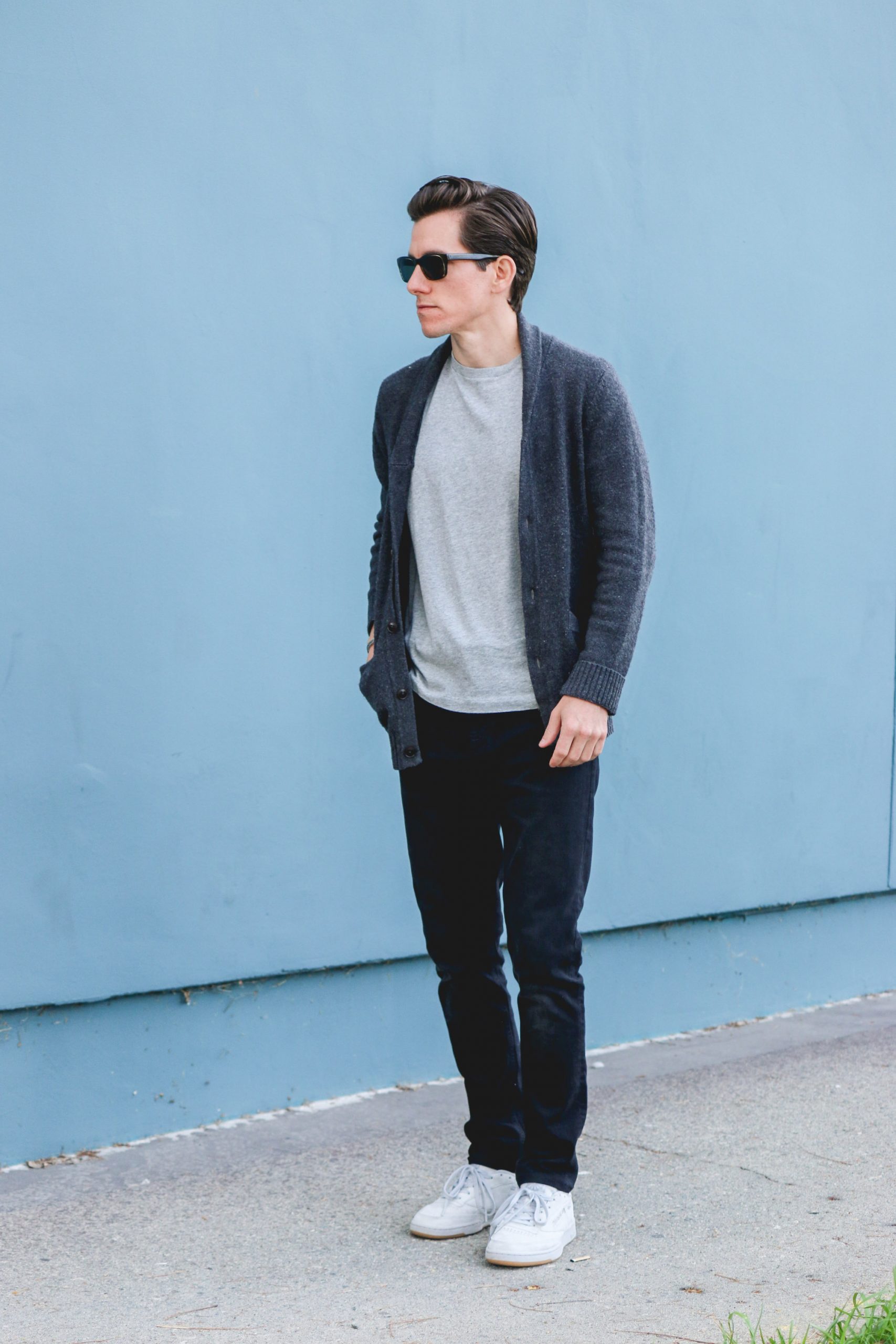 Shawl cardigan over t-shirt