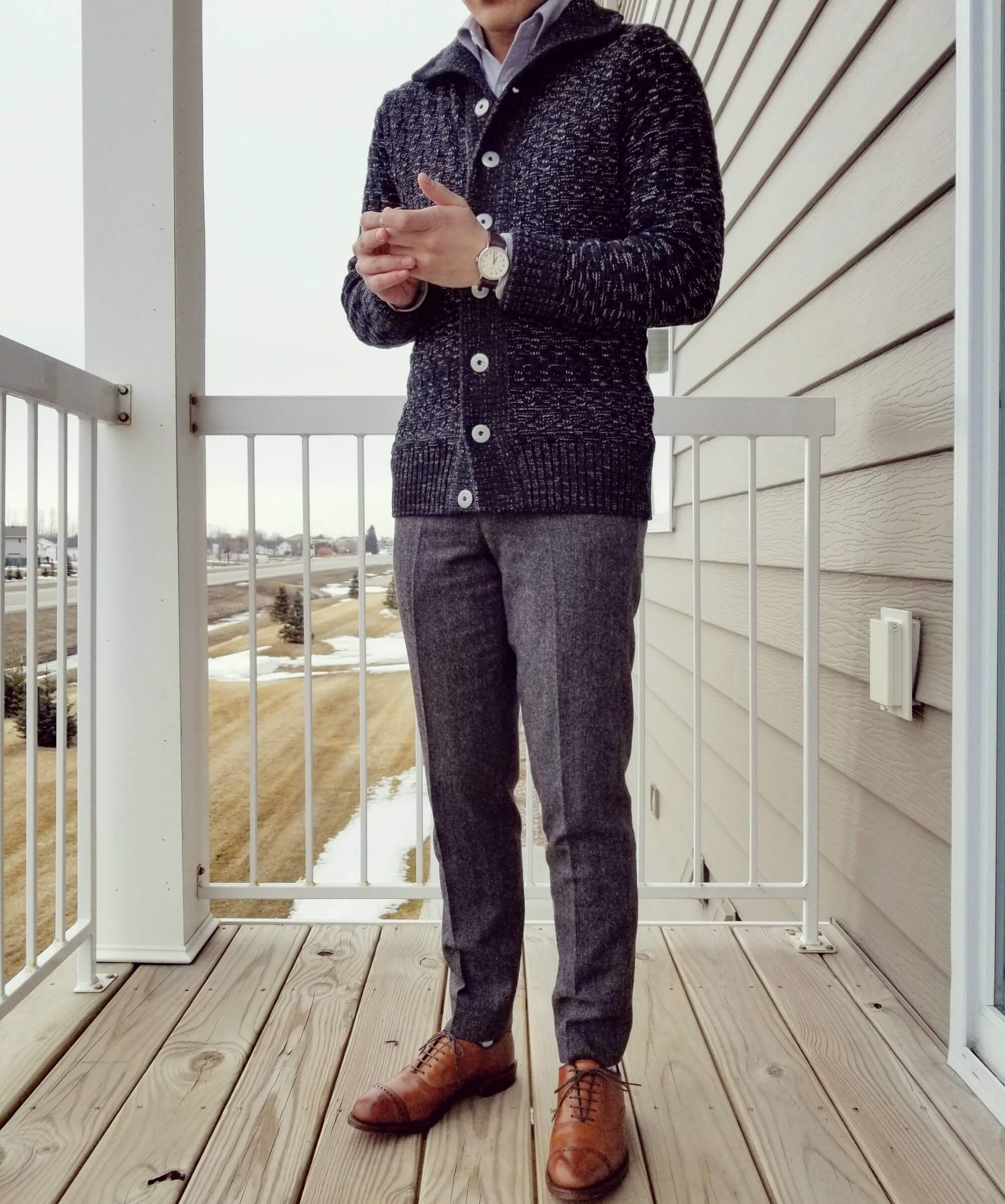 Shawl cardigan with wool trousers