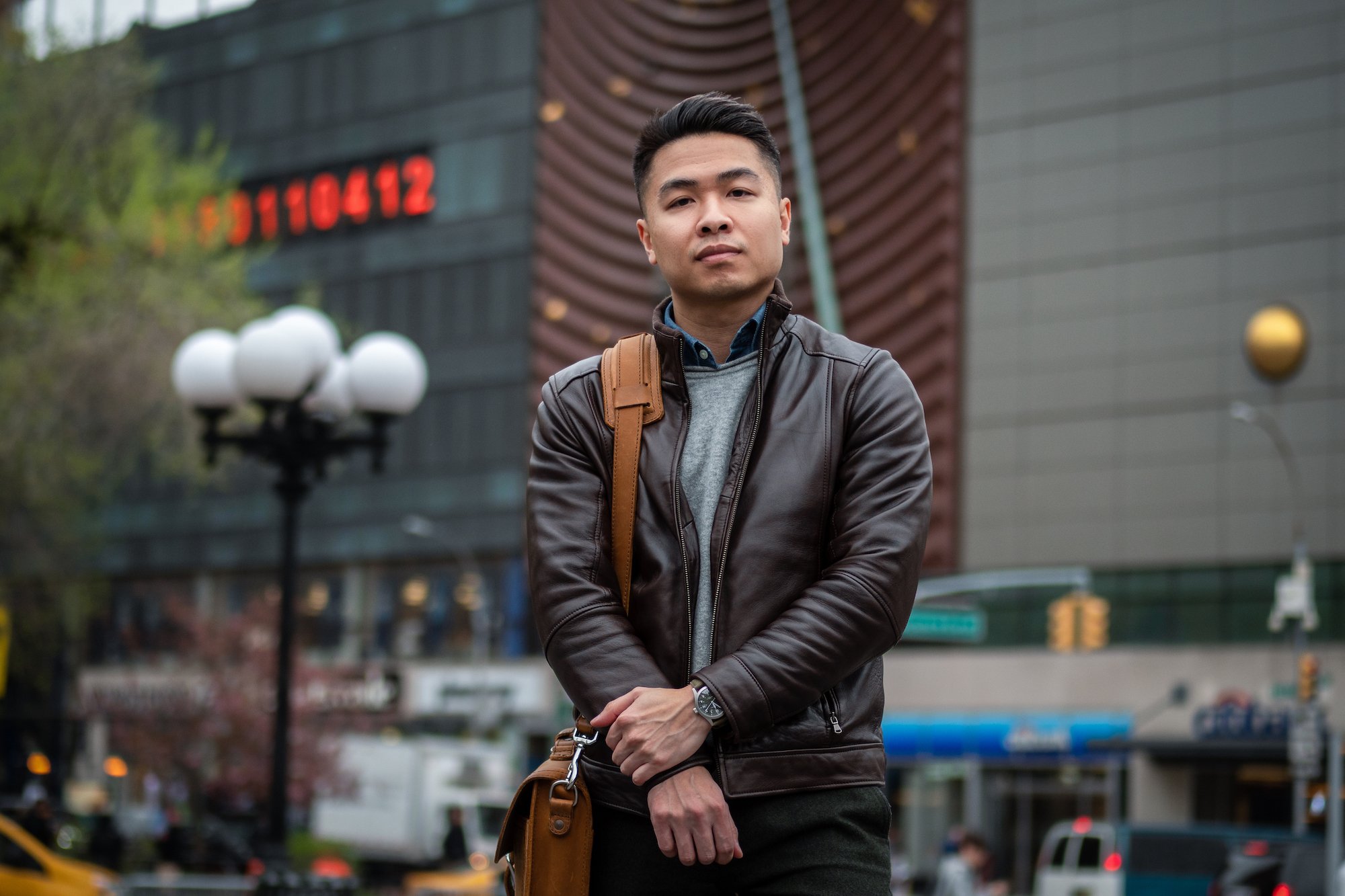 Denim shirt with leather jacket