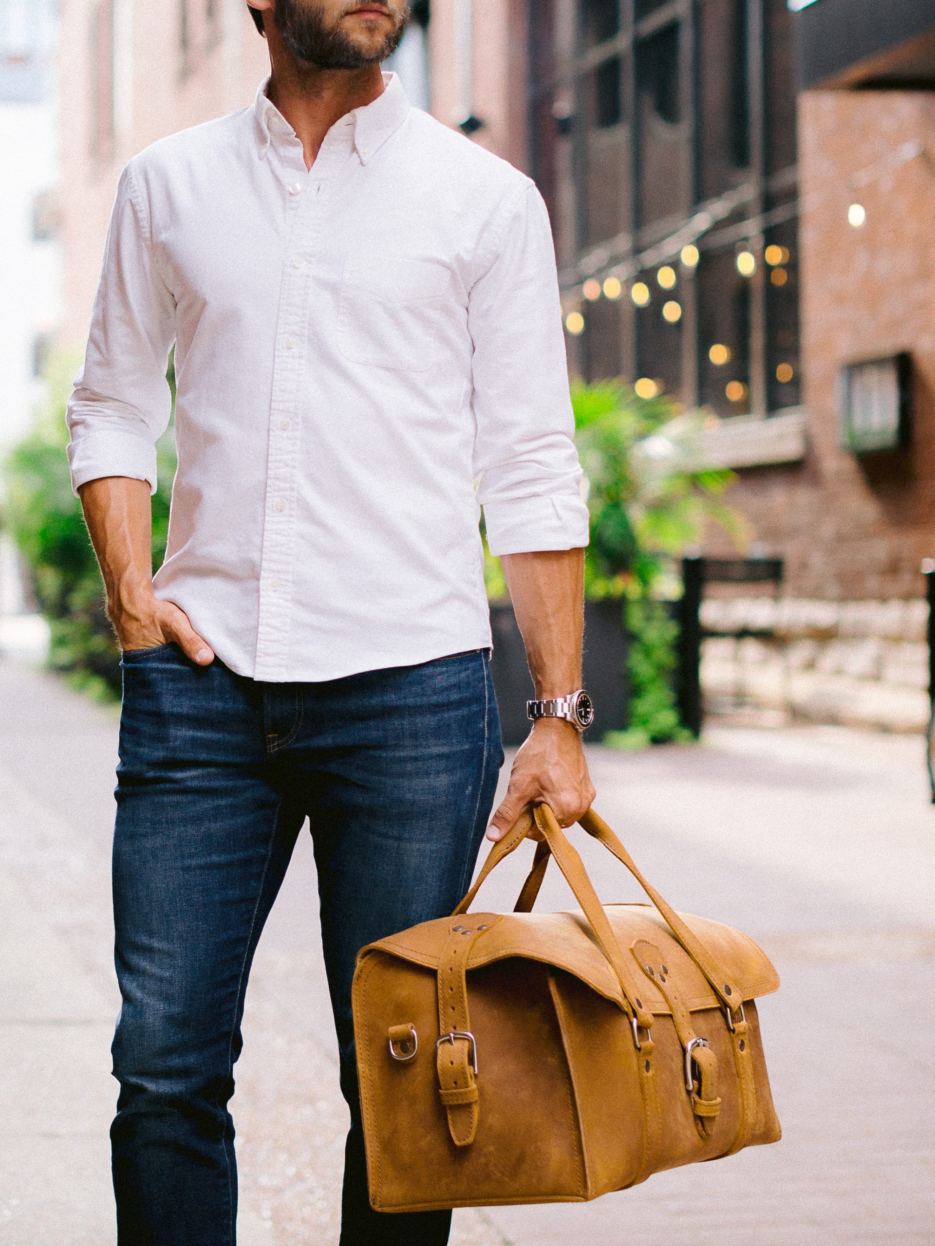 Saddleback duffle held front view