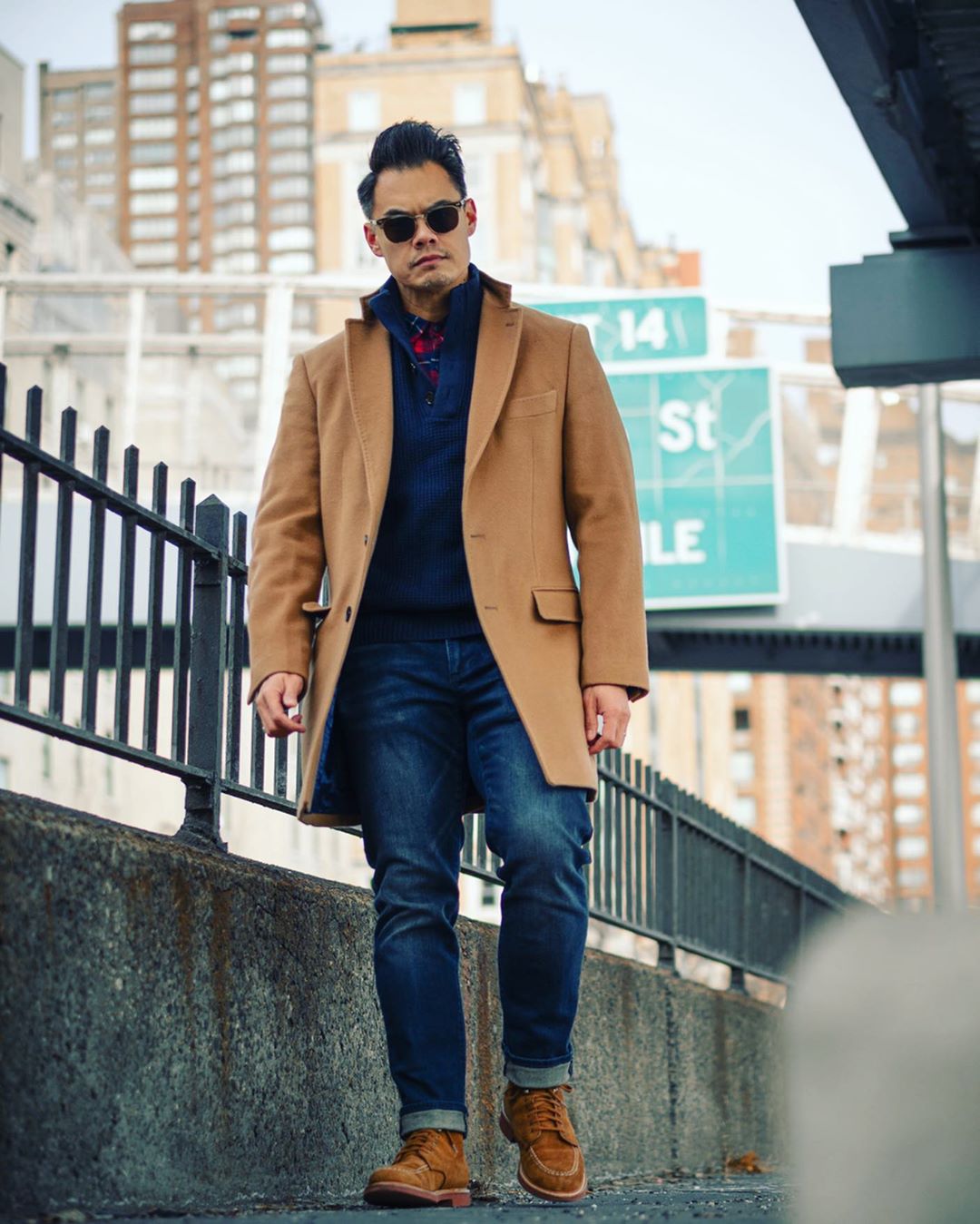 jeans with brown coat