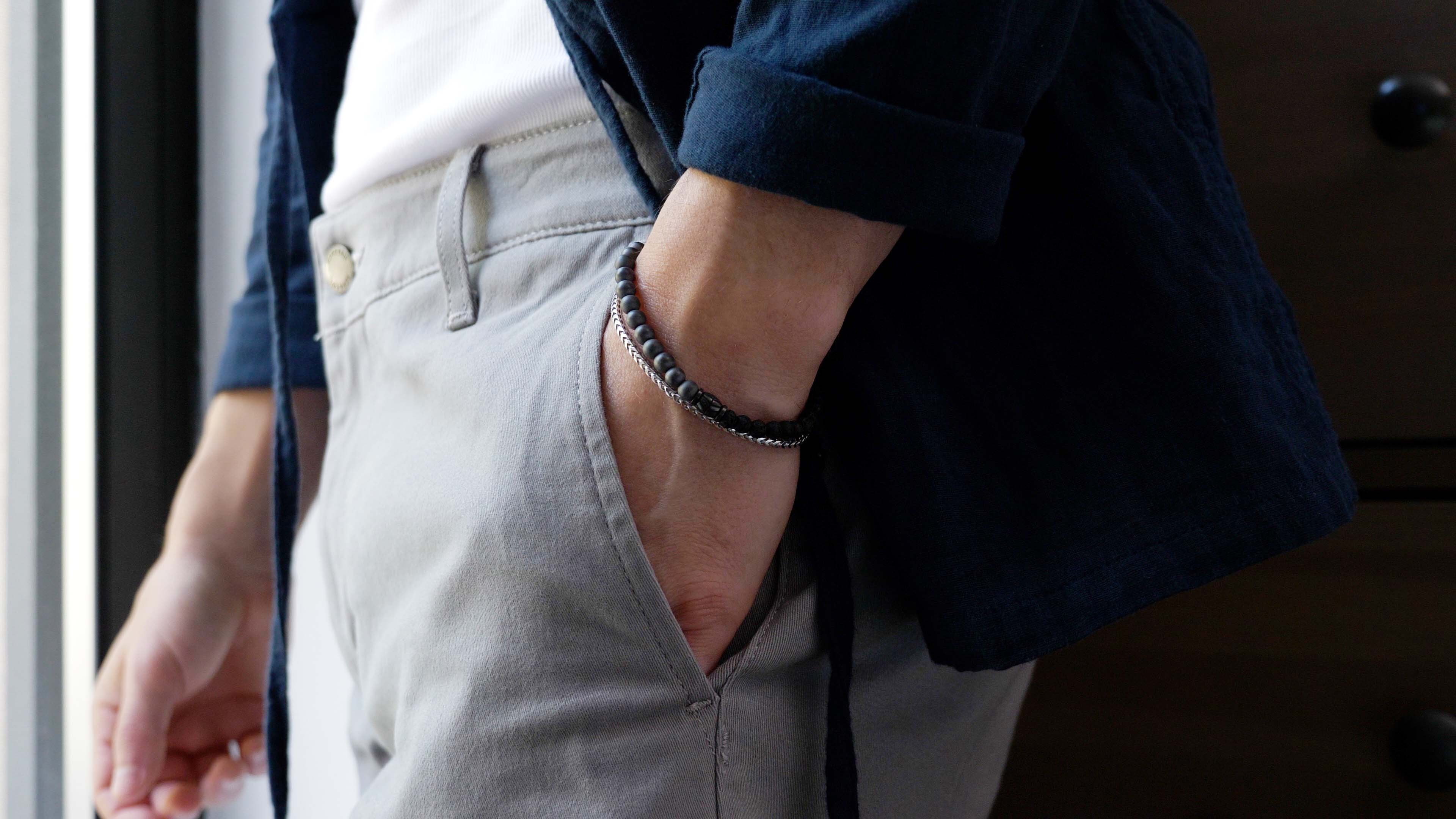 Stacked beaded bracelet and metal chain