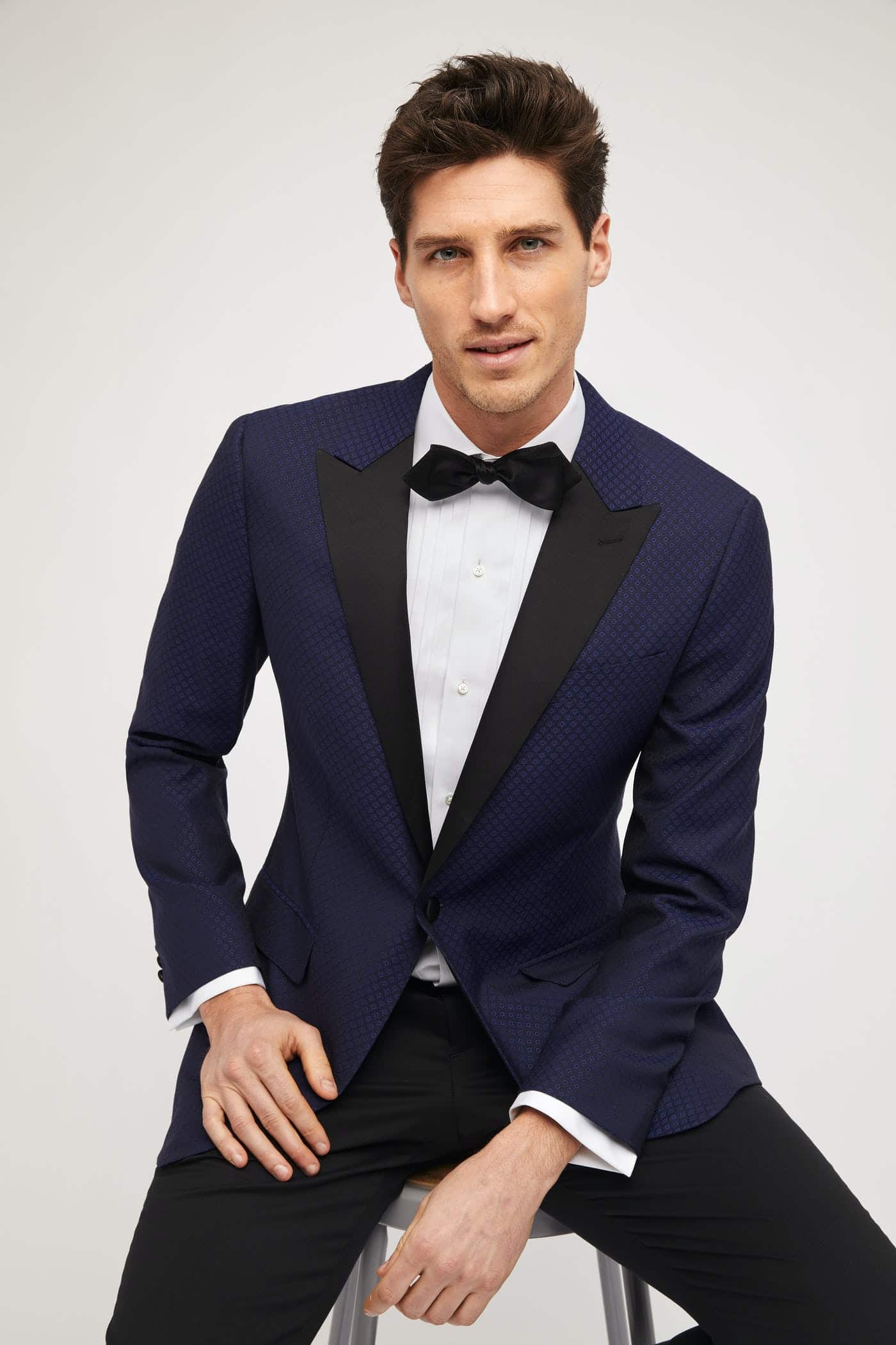 midnight blue tuxedo jacket with black shawl lapels