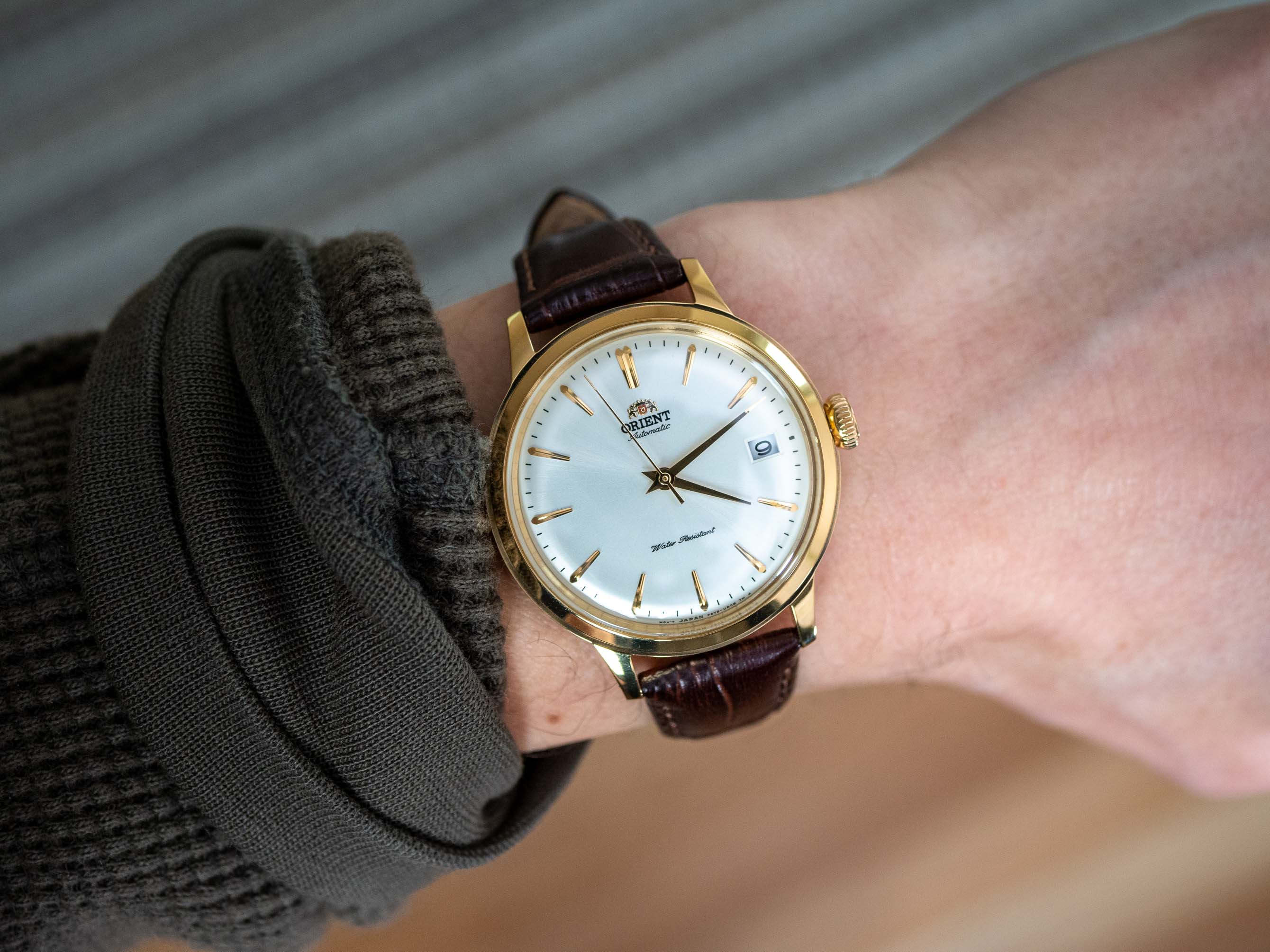 Orient Bambino 36 on wrist close