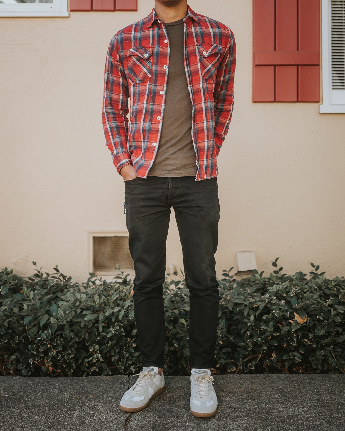 3 Wearing red casual button downs