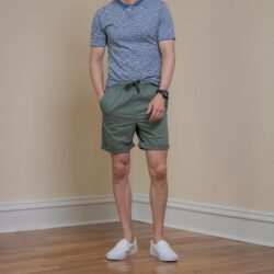 Blue tee green shorts