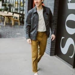 Grey jacket tan chinos 1