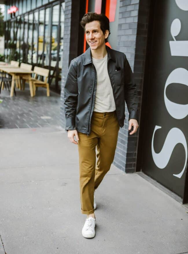 Grey jacket tan chinos 1