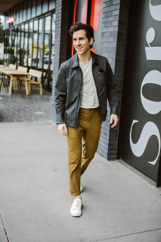 Grey jacket tan chinos 1