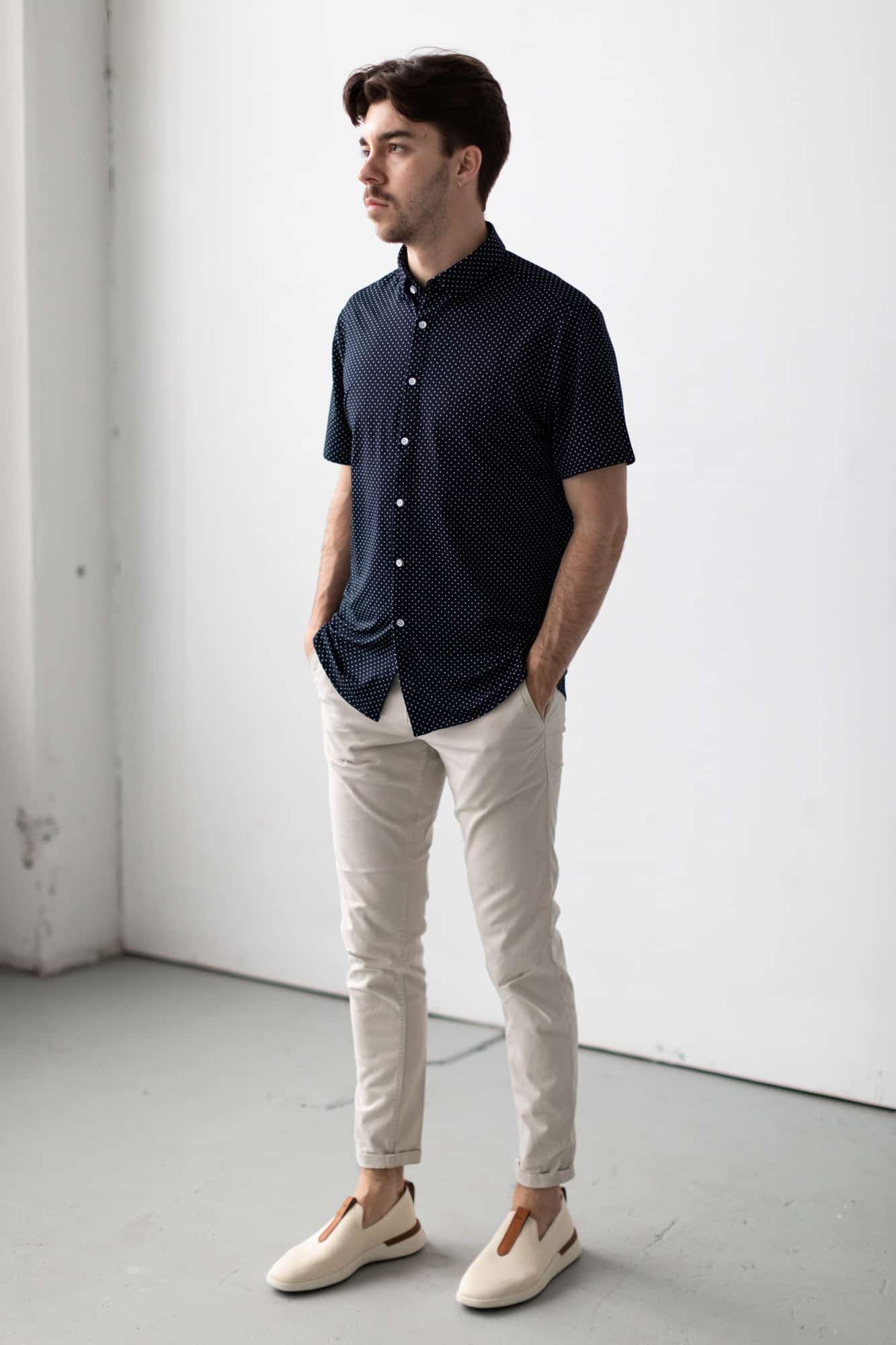 David wearing Mizzen and Main Halyard short sleeve shirt