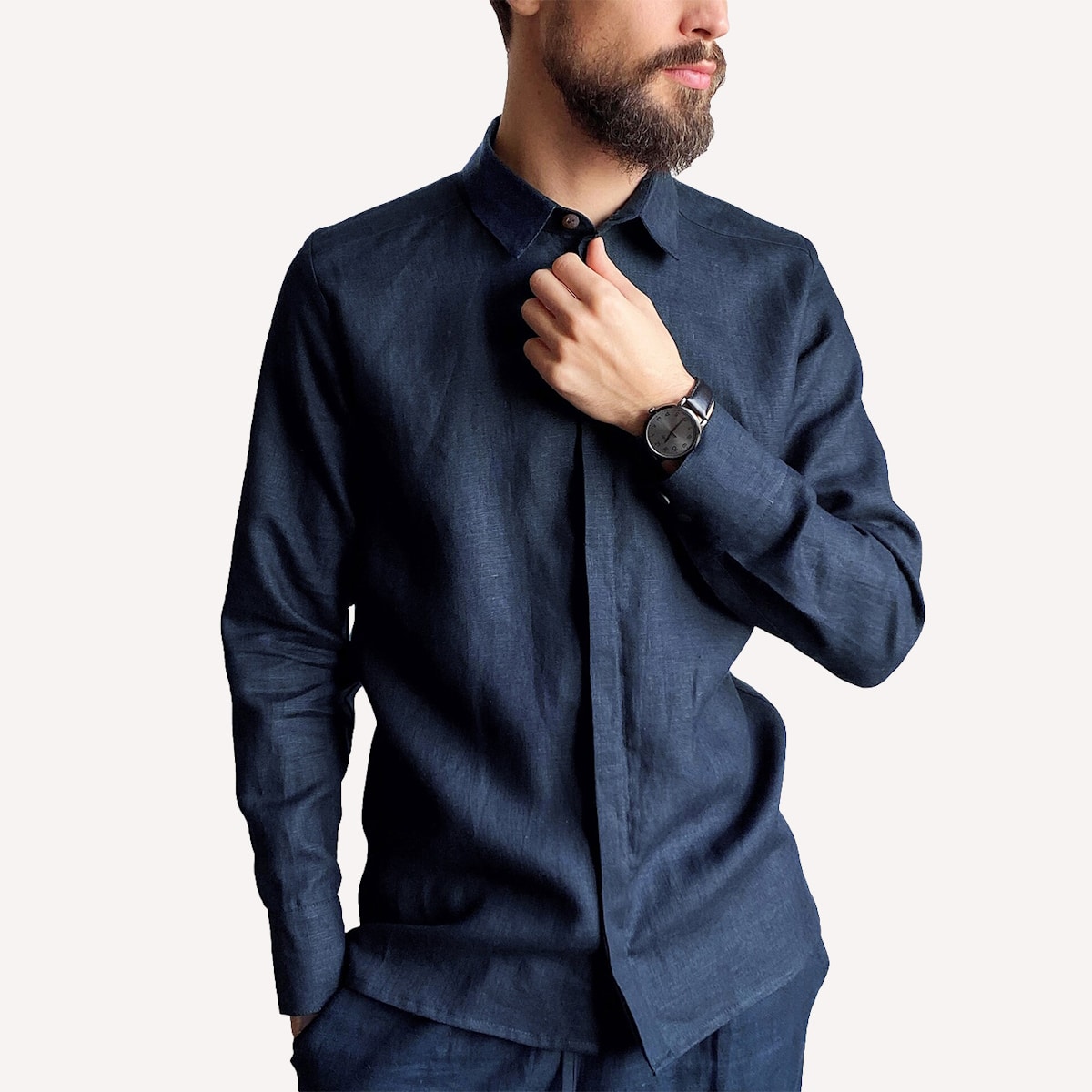 Black Ficus Linen Spread Collar Shirt